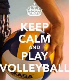 a person holding a volley ball with the words keep calm and play volleyball