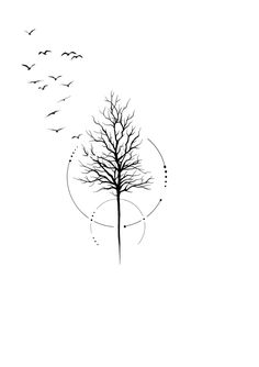 a black and white drawing of a tree with birds flying around it in the sky