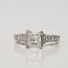 "Thanks for shopping our vintage estate store. We tend to sell well below wholesale and truly hope you enjoy all of our items. Many of the items are one of a kind, so please enjoy scrolling through the pictures and hopefully something will catch your eye. Brown spots are from reflections or camera. Estate A. Jaffee Platinum .60ct princess cut diamond engagement ring and wedding band. The center diamond is stunning almost flawless except for slight feather (you can see line in first picture), .60 Heirloom White Diamond Ring, Gia Certified, Timeless Princess Cut 14k White Gold Wedding Ring, Heirloom Style Gia Certified White Diamond Ring, Gia Certified Timeless Princess Cut Diamond Ring, Gia Certified Princess Cut Diamond Ring, Heirloom Asscher Cut Gia Certified Diamond Ring, Heirloom White Gold Diamond Ring Vs Clarity, Timeless Platinum Princess Cut Diamond Ring, Classic Gia Certified 14k White Gold Wedding Ring