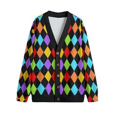 Free shipping worldwide  Fleece lined knitted fabric printed in black with rainbow diamond pattern. Great for people who work with children, and those who are children at heart. ● Fabric: Hacci Fleece (100% polyester) ● Regular fit ● V-neck cardigan with button closure ● Fabric weight: 290g/m² ● Care Instruction: machine wash cold with similar colors, do not bleach, tumble dry low, do not iron, do not dry clean. ● Notice: a variety of factors may cause slight differences between the actual produ Long Sleeve Argyle Pattern Cardigan, Multicolor V-neck Cotton Cardigan, Multicolor Cotton V-neck Cardigan, Clown Sweater, Rainbow Clown, Rainbow Diamond, Heart Fabric, Fleece Cardigan, Working With Children