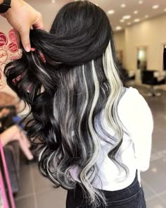 Black Ombre Hair Extensions, Long Black Hair With Blonde Highlights, Peek A Boo Blonde On Dark Hair, Black Hair With Blonde Extensions, Black Hair With Platinum Underneath, Black Hair Blonde Underneath, Underneath Highlights For Dark Hair, Blonde Highlights Extensions, Black Hair With Blonde Tips