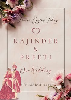 a wedding card with an image of a bride and groom on the front, surrounded by flowers