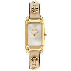 Inspired by the sleek designs of 1920s Art Deco, the COACH Cadie watch has an elegant long and lean silhouette. Finished with an ivory leather strap featuring the Coach Signature and Tea Rose motif, the gold tone timepiece has a luminous mother-of-pearl dial detailed with Coach's iconic Horse and Carriage motif. Gold tone case and ivory leather strap Approx. case diameter: 17.5mm x 28.5mm Mineral crystal Quartz movement Buckle closure Water-resistant to 99 feet COACH Style #: 14504115 Elegant Coach Jewelry With Polished Finish, Elegant Gold Coach Watch, Elegant Coach Watch With Polished Finish, Apple Watch Bands Women, Coach Watch, Antique Costume Jewelry, Rose Motif, Leather Strap Watch, 1920s Art