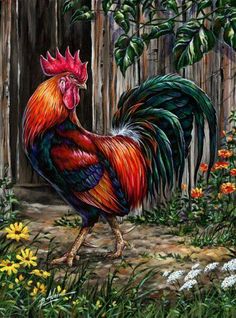 a painting of a rooster standing in the grass