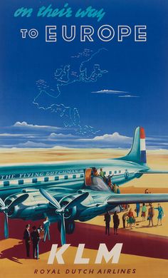 an advertisement for the klm airway shows people walking around and looking at an airplane