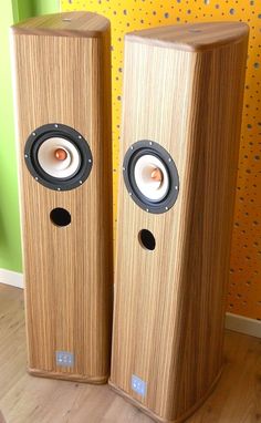 two wooden speakers sitting next to each other on top of a hard wood flooring