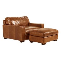 a brown leather chair and ottoman on a white background