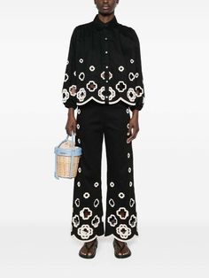 Black Floral Hollow Out 2-Piece Set | Chic Lantern Sleeves Shirt & Lon Flared Trousers, Pant Sets, Flare Trousers, Cotton Blouse, Bag Dress, Accessories Jacket, Blouse Black, Lantern Sleeves, Cotton Blouses