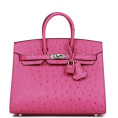 This Sellier Birkin is in Rose Pourpre ostrich with palladium hardware and features tonal stitching, front flap, two straps with center toggle closure, clochette with lock and two keys, and double rolled handles.The interior is lined with Rose Pourpre chevre and has a zip pocket with an Hermes engraved zipper pull and an open pocket on the opposite side. Collection: U Origin: France Condition: Pristine; new or never (plastic on hardware) Accompanied by: Hermes box, Hermes dustbag, clochette, loc Hermes Birkin Sellier, Ostrich Birkin, Birkin Sellier, Ostrich Handbags, Ostrich Bag, Hermes Birkin 35, Bags Online Shopping, Fuschia Pink, Crocodile Bags