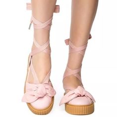 Leather Pink Bow Lace Up The Leg Or At Ankle 2" Platform Creeper Footwear. Reminiscent Of A Ballerina's Slippers. Thick Rubber Soles. Nwot/Nwob Pink Low-top Sandals For Spring, Pink Spring Sandals, Platform Creepers, Fenty X Puma, Ballerina Slippers, Puma Shoes, Pumas Shoes, Creepers, Pink Bow