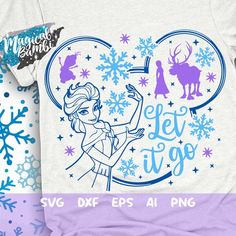 frozen princess svg cut file with snowflakes and reindeers in the background