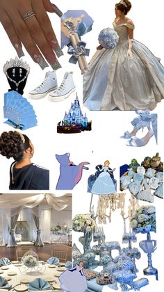 there is a collage of blue and white items in this photo, including shoes, dresses, tiara, dress up dolls, and more