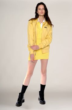 Yellow Jacket for Women's Collared Fall Windbreaker, Spring Streetwear Long Sleeve Sport Coat, Sporty Collared Outerwear With Pockets, Casual Spring Windbreaker For Work, Casual Spring Workwear Windbreaker, Urban Spring Track Jacket For Workwear, Casual Spring Collared Track Jacket, Classic Long Sleeve Track Jacket For Spring, Classic Cotton Track Jacket For Spring