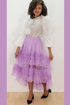 Chic Asymmetrical Tulle Skirt, Purple Long Skirt With Ruffles, Purple Asymmetrical Skirt For Spring, Fashion Garments, Modest Tops, Modest Skirts, Trendy Blouses, Modest Dresses, Designer Outfits Woman