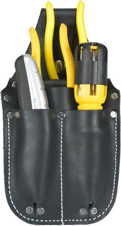 a black leather tool holder with yellow handles and tools in it's pocket on a white background