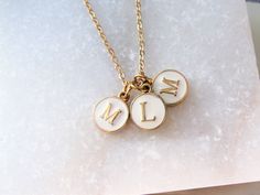 Three Initial Charm Necklace. A special gift for Mom or Grandma this Mothers Day. An initial for each special child. A personalized gift is always extra special. Your choice of 3 letter charms. L sold out A simple elegant everyday necklace, can be worn alone or layered up with other favorites. All items will come beautifully presented on a display card and place in an organza gift bag, all ready for gift giving. Details: dimensions: Charm Measures 15mm Please note that some charms have a slightl Initials Necklace, Letter Charm Necklace, Special Gifts For Mom, Personalised Jewellery, 3 Letter, Initial Necklace Gold, Letter Charm, Everyday Necklace, Gold Initial