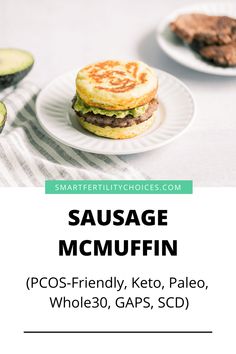 sausage mcmuffin on a plate with avocado and other food items in the background