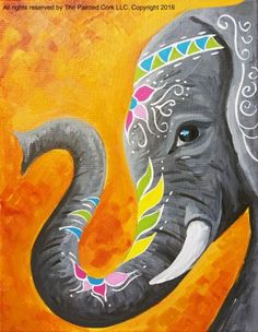 an elephant painted in bright colors on a yellow background