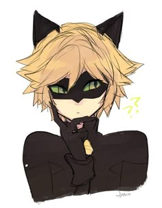 an anime character with blonde hair and green eyes wearing a black cat mask, sitting in front of a white background