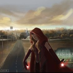 a painting of a woman dressed in red standing on the side of an empty road