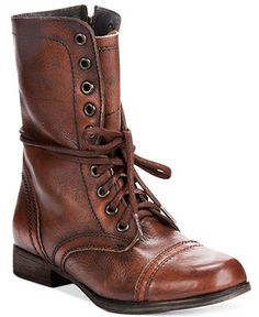 Steve Madden Women's Troopa Boots - Shoes - Macy's Rugged High Ankle Lace-up Boots For Fall, Brown Lace-up Combat Boots For Fall, Brown Winter Lace-up Boots, Rugged High Ankle Combat Boots For Fall, Rugged Lace-up Moto Boots For Fall, Retro Leather Lace-up Boots For Winter, Vintage Brown Combat Boots For Winter, Brown Winter Combat Boots With Zipper Closure, Vintage Leather Lace-up Boots For Fall