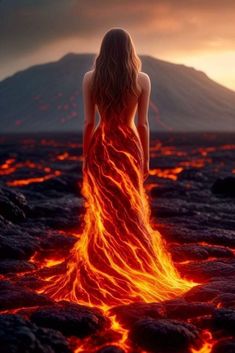 a woman standing in the middle of a lava field with red and yellow flames coming out of her back