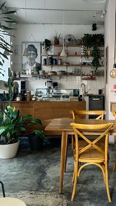 a dining room table and chairs with plants on the shelves behind them in front of an open kitchen area