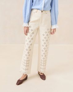 Demi Natural Embroidered Pant Pant Jeans, Embroidered Pants, Lace Cutout, Carpenter Pants, Loeffler Randall, Letter Charms, Eyelet Lace, Scalloped Hem, Colored Denim