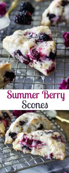 blueberry scones on a cooling rack with the words, summer berry scones