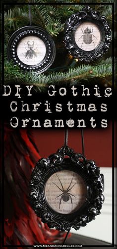 an ornament hanging from a christmas tree with the words diy gothic christmas ornaments