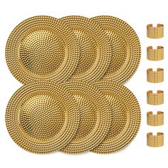 gold plates and napkins are arranged on a white background with clipping for text