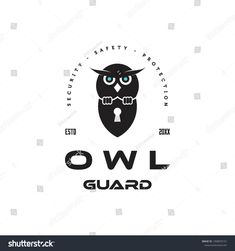 an owl logo with the word owl guard on it's face and blue eyes