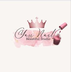 a logo for a beauty studio with pink watercolor paint and a crown on top