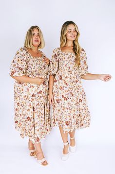 Floral prints get us every time! Our new Exclusive - Fall Feelings Dress is the prettiest palette of fall florals + colors! Also featuring a square neckline, ruffle details, + pockets(!), makes this the perfect midi-dress for everyone! Size inclusive from XS-3X. Details Floral pattern 3/4 length sleeves Ruffle cuffs Ruffled along neckline Square neckline Elastic along neckline Tiered skirt Pockets! Skirt is lined Elastic waistband Tie at waist Midi-length dress Sizing *Measurements are taken wit Dresses With Elastic Waist, Missouri Travel, Fall Florals, Skirt Pockets, Fabric Inspiration, Easy Style, Fall Feels, Skirt With Pockets, Tier Skirt