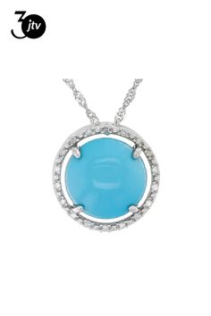 10mm Round Blue Sleeping Beauty Turquoise With 0.05ctw Round White Diamond Rhodium Over 14k White Gold Pendant With 18" Singapore Chain. Measures Approximately 0.55"L x 0.52"W. Lobster Claw Clasp. Turquoise Diamond Necklace Fine Jewelry, Turquoise Diamond Necklace In Fine Jewelry Style, Turquoise Diamond Pendant Necklace, Fine Jewelry Round Cabochon Necklaces, Round Diamond Jewelry With Gemstone Accents, Formal Turquoise Jewelry With Halo Setting, Round Diamond Jewelry With Cabochon, Formal Turquoise Jewelry With Polished Finish, Turquoise Sterling Silver Jewelry With Accent Stones