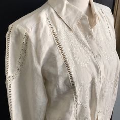 Lace, Embroidery, And Eyelet Detailed Cream Blouse ~ Simple And Fun And Nwt! Spring Linen Top With Chikankari Embroidery, Elegant Long Sleeve Cutwork Top, Fitted Linen Top With Floral Embroidery, Embroidered Fitted Linen Tops, Fitted Embroidered Linen Tops, Elegant Linen Tops With Floral Embroidery, Spring Long Sleeve Blouse With Cutwork, Elegant Long Sleeve Blouse With Cutwork, Fitted Cutwork Blouse For Spring