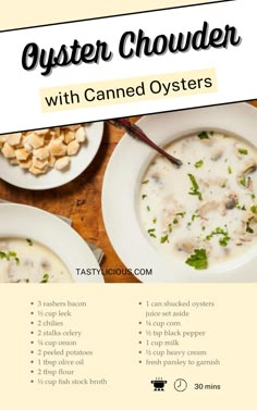 oyster chowder with canned oysters simple oyster chowder recipe ideas seafood soup recipe ideas fall recipe ideas pasta salad recipes dinner recipe ideas simple ingredients fall dinner ideas dinner recipes for family dinner recipes for two dinner recipes oven Shelled Oyster Recipes, Canned Oysters Recipes, Dinner Recipes Oven, Salad Recipes Dinner, Soup Recipe Ideas, Fall Recipe Ideas, Oyster Chowder, Bisque Recipes, Boat Recipes