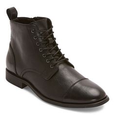 These J. Ferrar men's Colebrook lace-up boots are a classic cold-weather style you'll wear again and again. Crafted from smooth faux leather with a side zip closure, these boots have a durable rubber sole and memory foam insole for your comfort, plus a graduated cap-toe design for a stylish touch. Wear them with jeans and a sweater.Features: Memory FoamClosure Type: Lace-Up, Side ZipperFootwear Technology: Memory Foam InsoleShaft Circumference: 9 1/2 InchesBoot Shaft Height: 4 3/4 InchesShoe Hee Heeled Lace Up Boots, Cold Weather Fashion, Toe Designs, Lace Boots, Boots Black, Lace Up Boots, Cold Weather, Side Zip, Black Boots