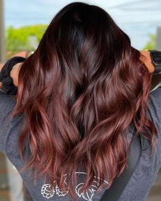 Eye Candy Cherry Chocolate Balayage Black To Auburn Ombre, Ginger Balayage Straight Hair, Black Auburn Balayage, Ombre Hair Color On Black Hair, Bayalage Brunette Red Balayage, Dark Red Brown Balayage, Copper Red Balayage On Black Hair, Auburn Balayage On Brown Hair, Dark Brown Auburn Hair Balayage