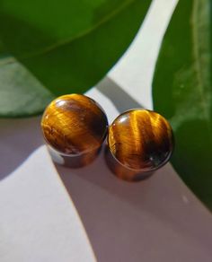 pair of tiger's eye glass earrings on white surface with green leaves in the background