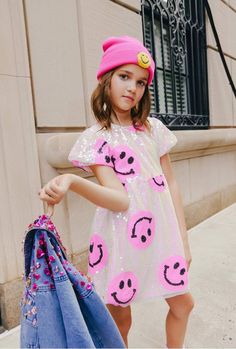 Lola + The Boys Dress Pinkie Happy Emoji Dress Kids Festival Outfits, Happy Emoji, Crystal Hoodie, Emoji Design, Rainbow Sweater, Cute Emoji, Favorite Boots, Girls Wardrobe, Sequin Fabric