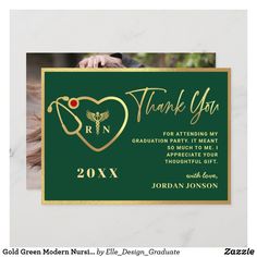 a green and gold graduation thank card with a heart in the center, on a marble background