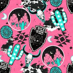 a pink background with various stickers and cactus designs on the top, along with an image of a cow skull