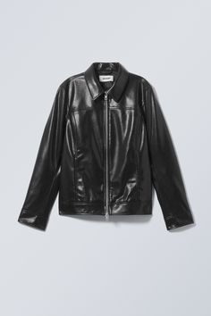 regular fit faux leather jacket - Black | Weekday WW Faux Leather Jacket Women, Swedish Street Style, Pu Jacket, Black Faux Leather Jacket, Technology Fashion, Recycled Polyester Fabric, Women's Jackets, Faux Leather Jacket, Biker Style