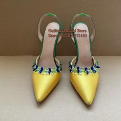 Multi Colors Crystal String Bead Women Slingback Pumps Yellow Green Sain Pointed Toe Rhinestone Trim Strung Beads, Rhinestone Trim, Slingback Pump, Color Crystal, High Heel Shoes, High Heels, Multi Color, Pumps, Trim