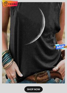 Black Moon Printed Shift Crew Neck Party Daily Casual Sleeveless Tank & Cami Black Sleeveless Summer Vest, Black Camisole Vest For Summer, Fitted Black Tops With Moon Print, Fitted Moon Print Tops For Summer, Black Summer Top With Moon Print, Black Vest For Summer Night Out, Black Moon, Moon Print, Sleeveless Vest