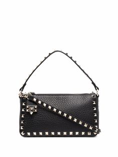 black calf leather grained texture gold-tone Rockstud embellishment single top handle detachable shoulder strap logo print to the front main compartment internal card slot internal logo patch full lining top zip fastening hook fastening Valentino Rockstud Bag, Valentino Garavani Bag, Black Leather Crossbody Bag, Valentino Rockstud, Valentino Bags, Black Shoulder Bag, Black Tote Bag, Valentino Garavani, Shoulder Bag Women