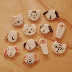 nine ceramic animal heads are arranged on a wooden surface, including one cat and the other dog