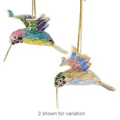 two bird ornaments hanging from chains on a white background with the words 2 shown for variation