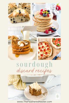 the cover of sourdough desserts is shown with pictures of different cakes, pies and muffins